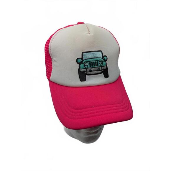 Vintage Trucker Baseball Hat Cap with Turquoise Jeep Design Pink OSFA - Picture 1 of 7
